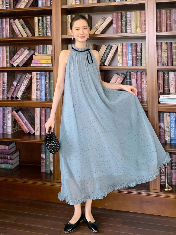 Blue Polka Dot Halter Maxi Dress