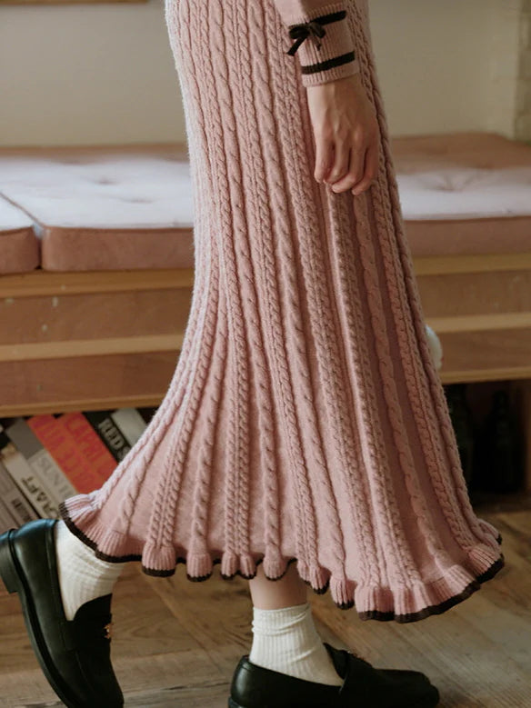 Ribbon Trim Pink Cable Knit Skirt