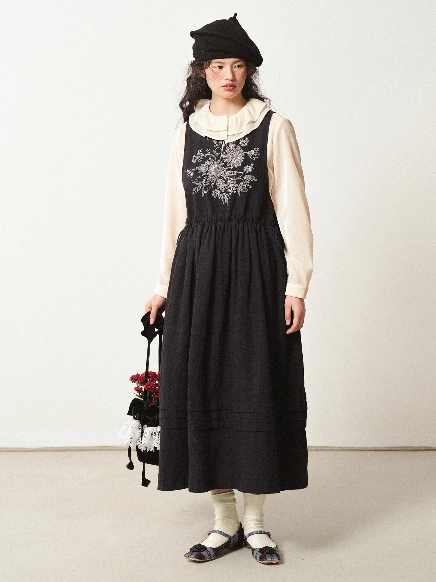 Floral Embroidered Linen-Cotton Pinafore Dress