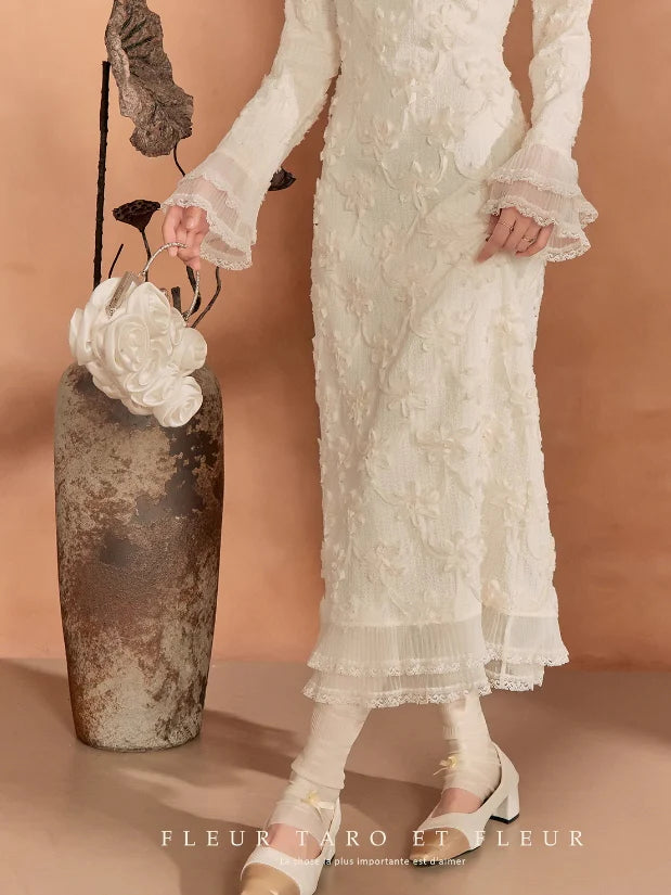 Ivory Blossom Lace-Trim Knit Dress