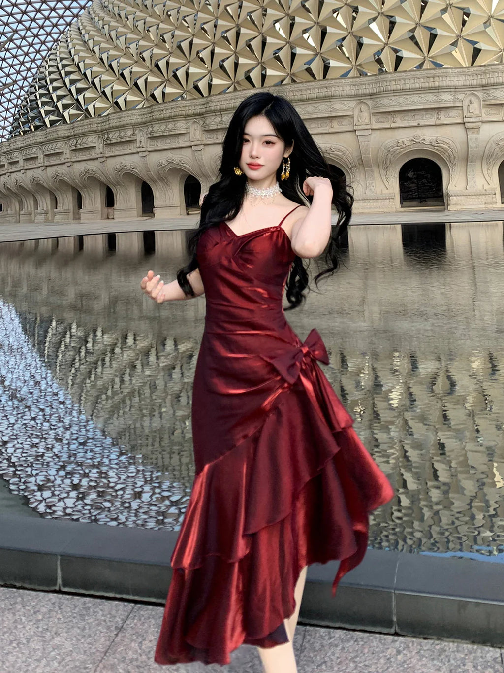 Crimson Elegance Mermaid Bow Dress