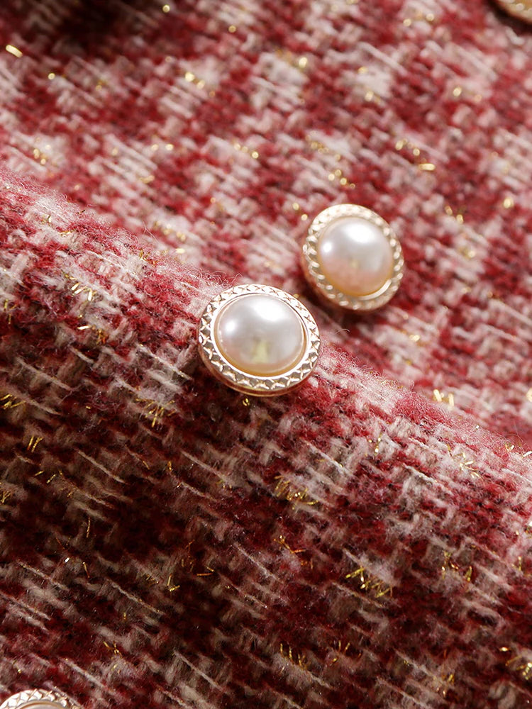 Elegant Red Tweed Pearl Button Dress