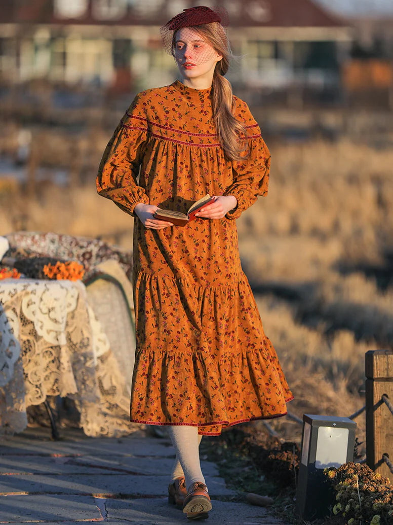 Vintage Golden Floral Corduroy Dress