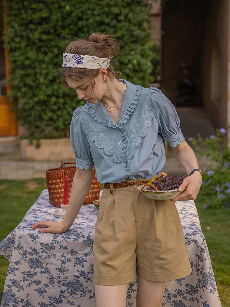 Blue Embroidery Collar Cottage Blouse