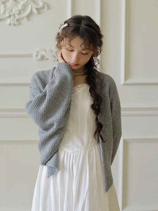 Floral Brooch Wool Blend Knit Cardigan
