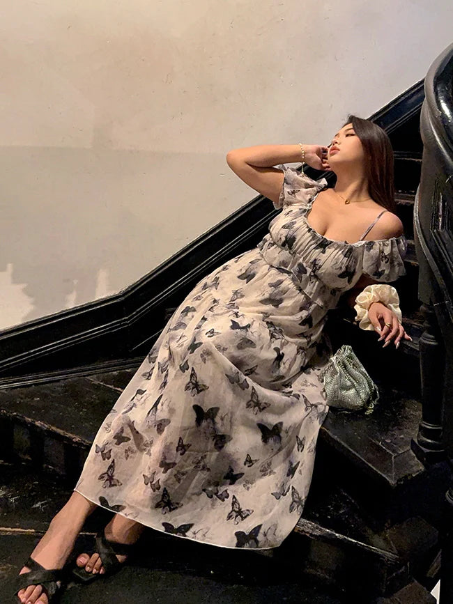 Butterfly Off-Shoulder Chiffon Dress