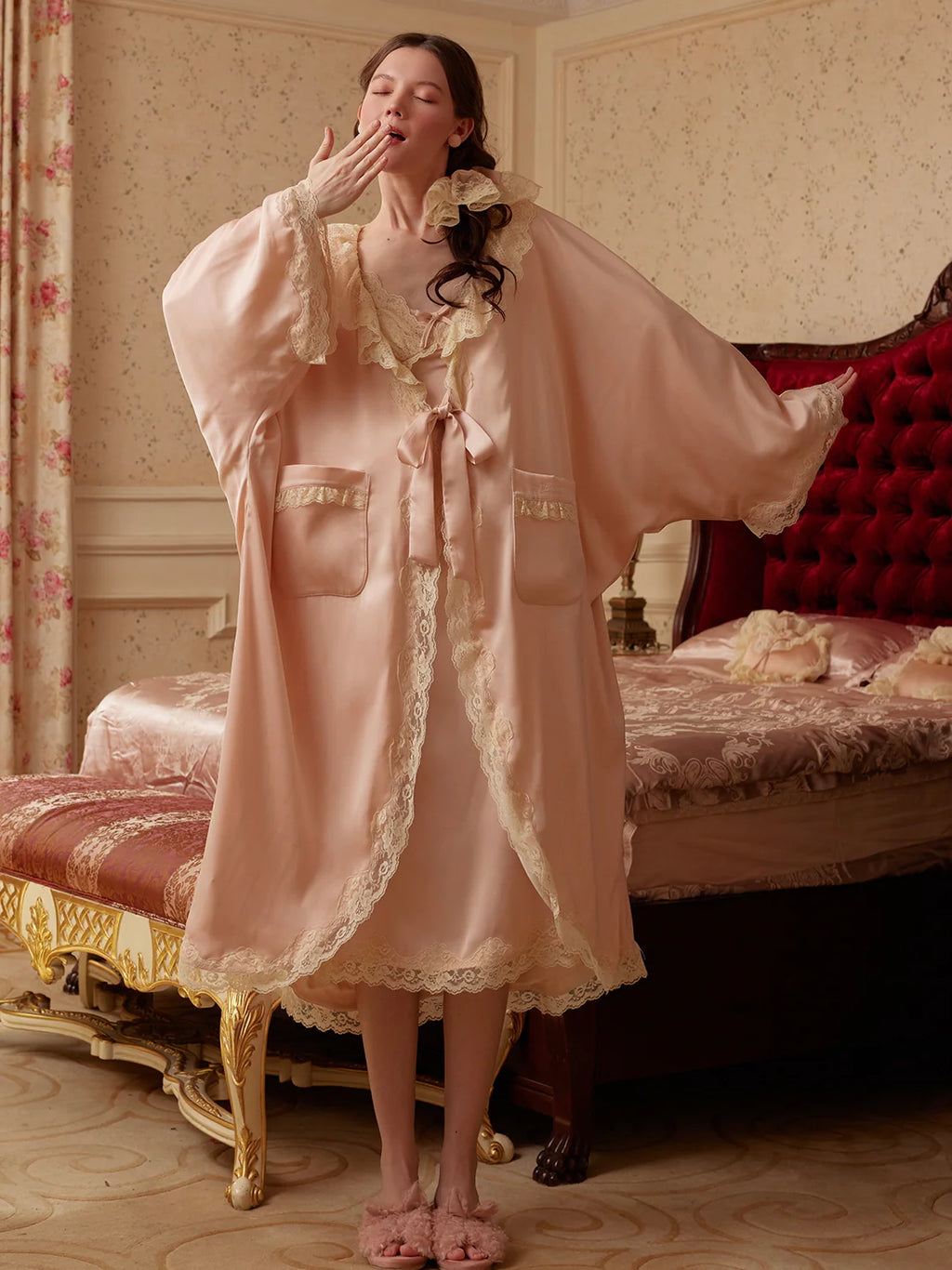 Lace-Trimmed Robe and Lace Slip Dress