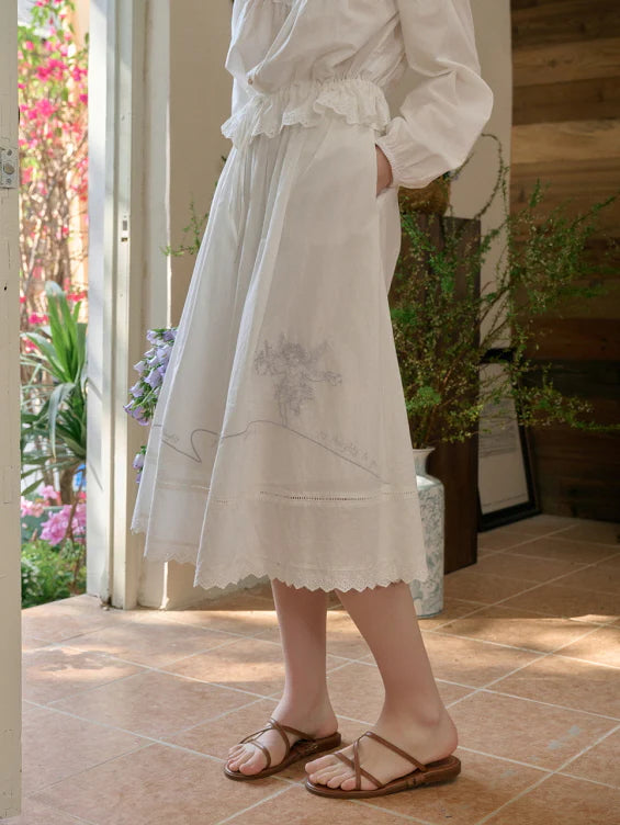 Cotton Vintage Embroidery Blouse & Skirt