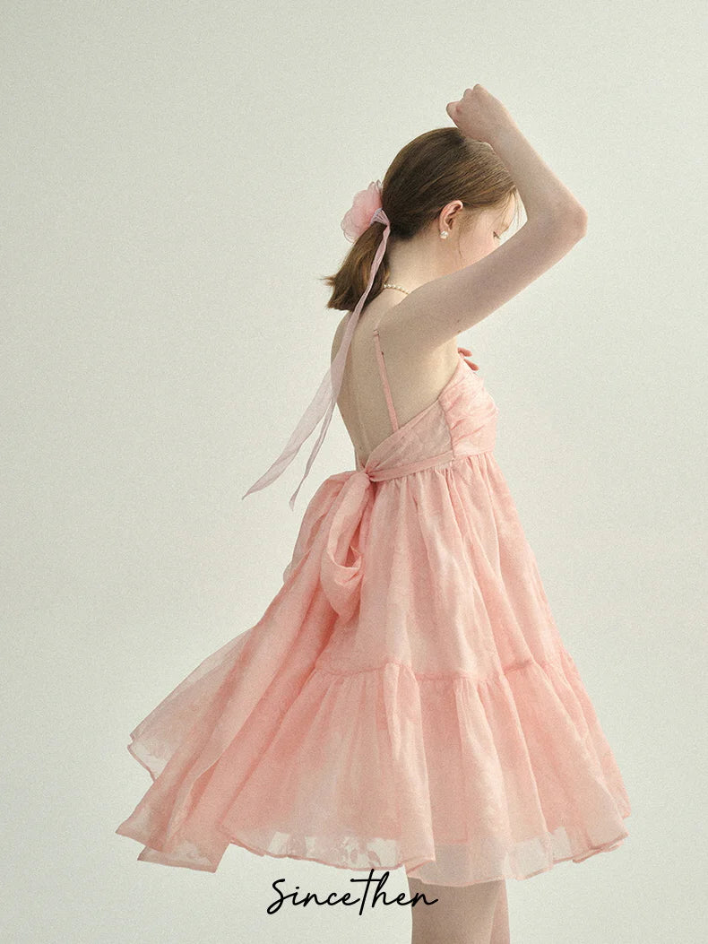 Blush Petal Ruffle Back Bow Dress