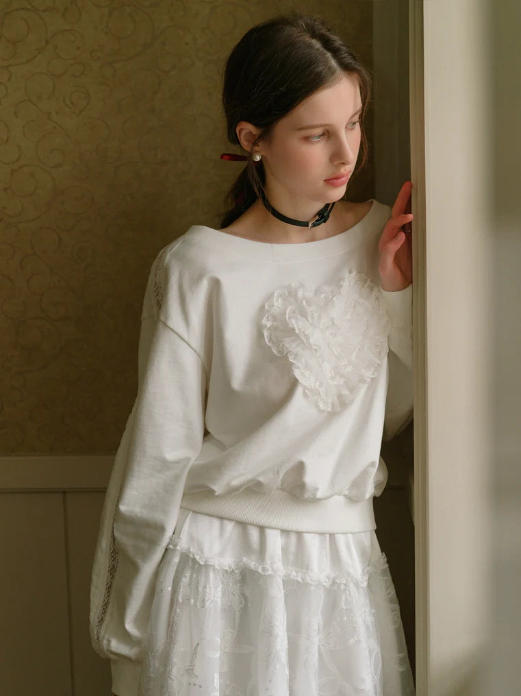 Coquette Lace Heart Off-Shoulder Sweatshirt