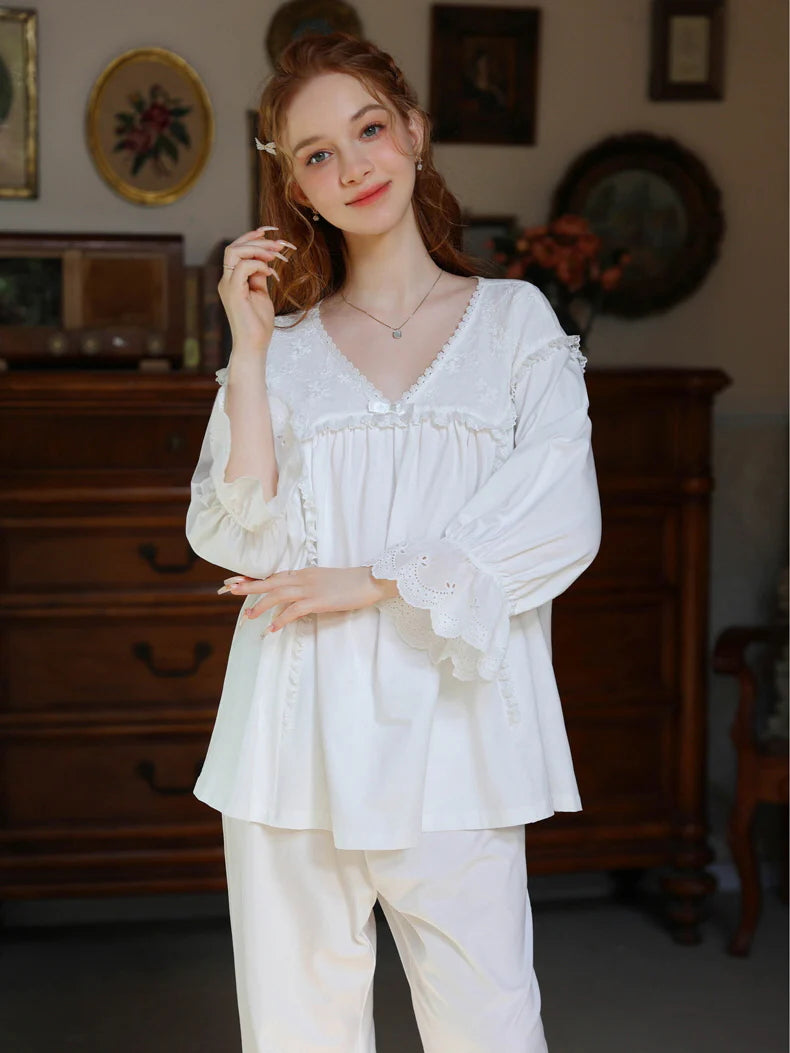Floral Lace Trim Cotton Pajama Set