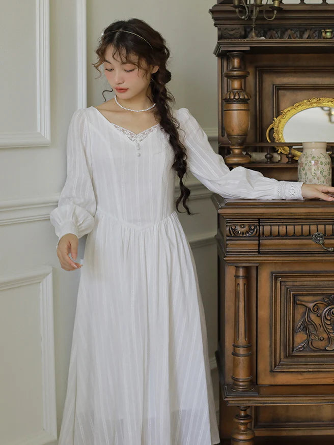 Victorian Elegance Long White Lace Dress