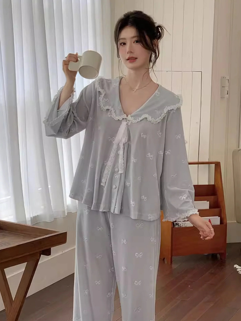 Whimsical Bow Lace Trim Loungewear Set