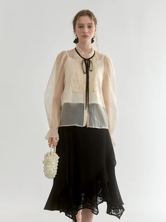 Sheer Lace-Trimmed Blouse with Ribbon Tie