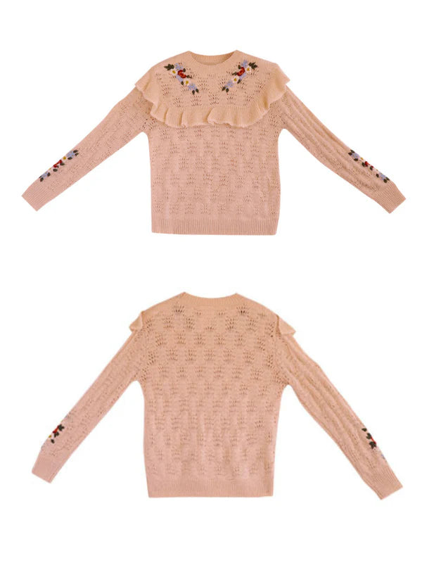 Floral Embroidered Ruffle Knit Sweater