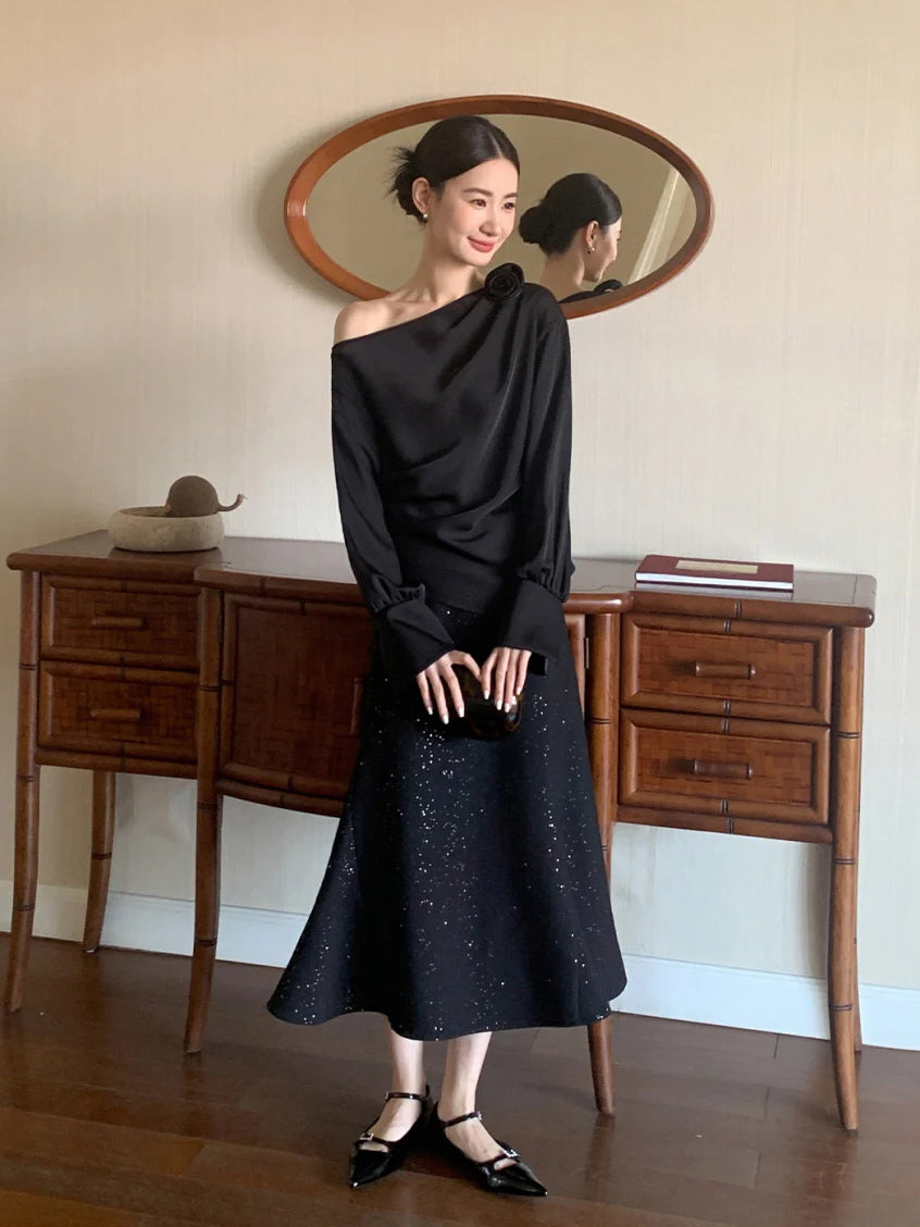 Off-Shoulder Flower Accent Blouse