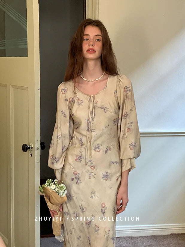 Vintage Bloom Sheer Sleeve Dress