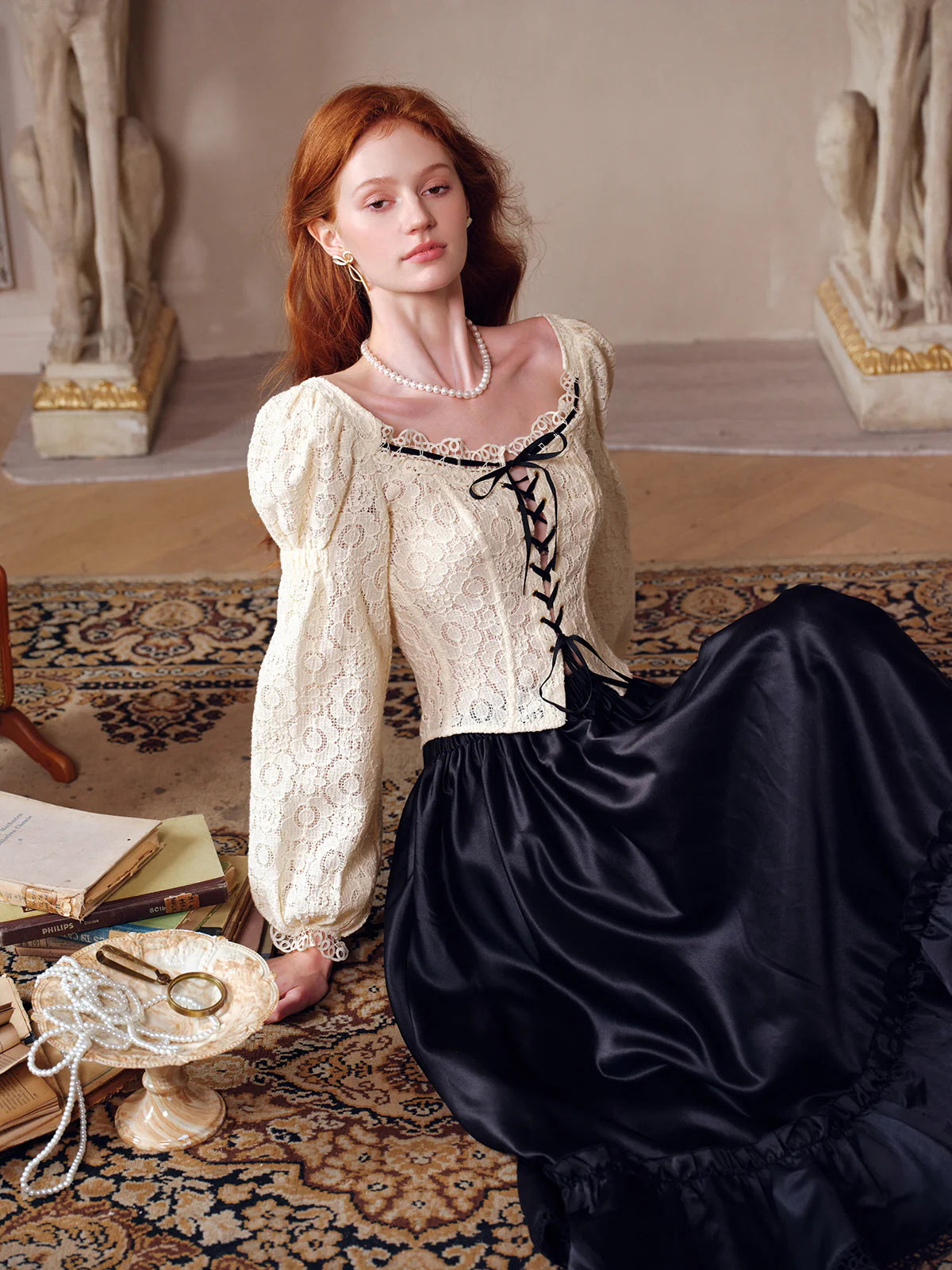 Vintage Lace Puff Sleeve Corset Blouse