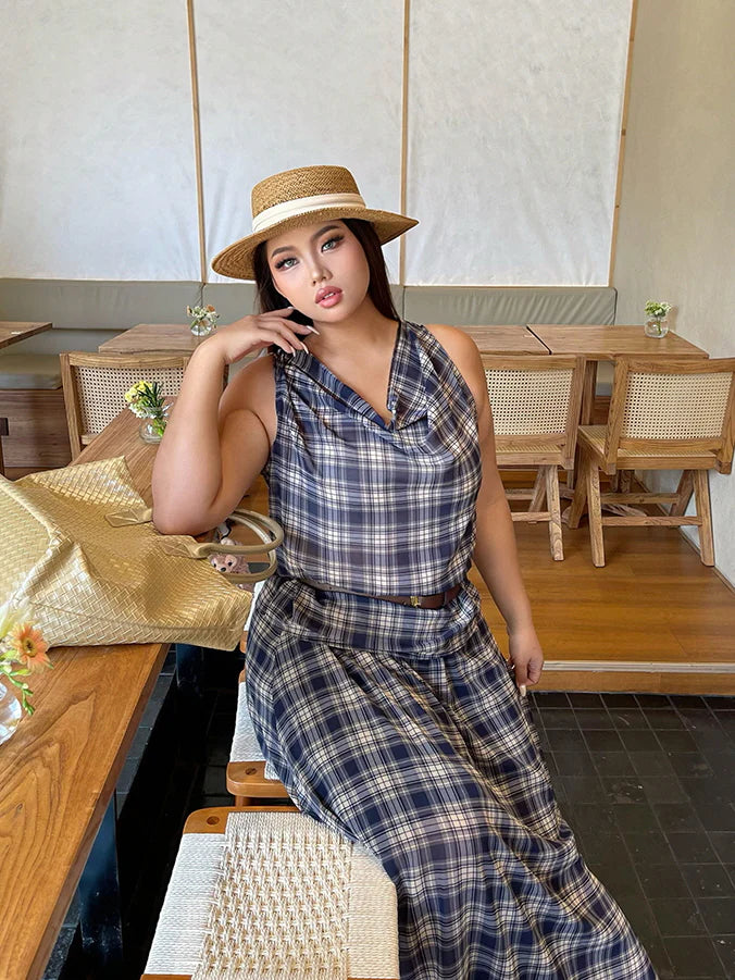 Vintage Check Sleeveless Top & Maxi Skirt Set