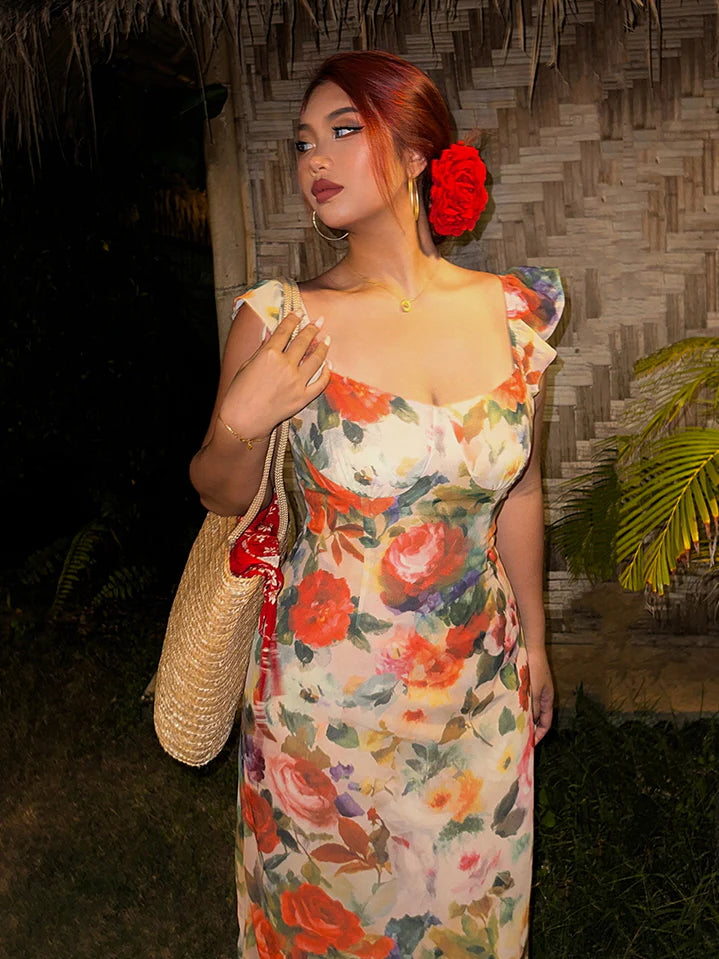 Tropical Sunset Watercolor Floral Dress