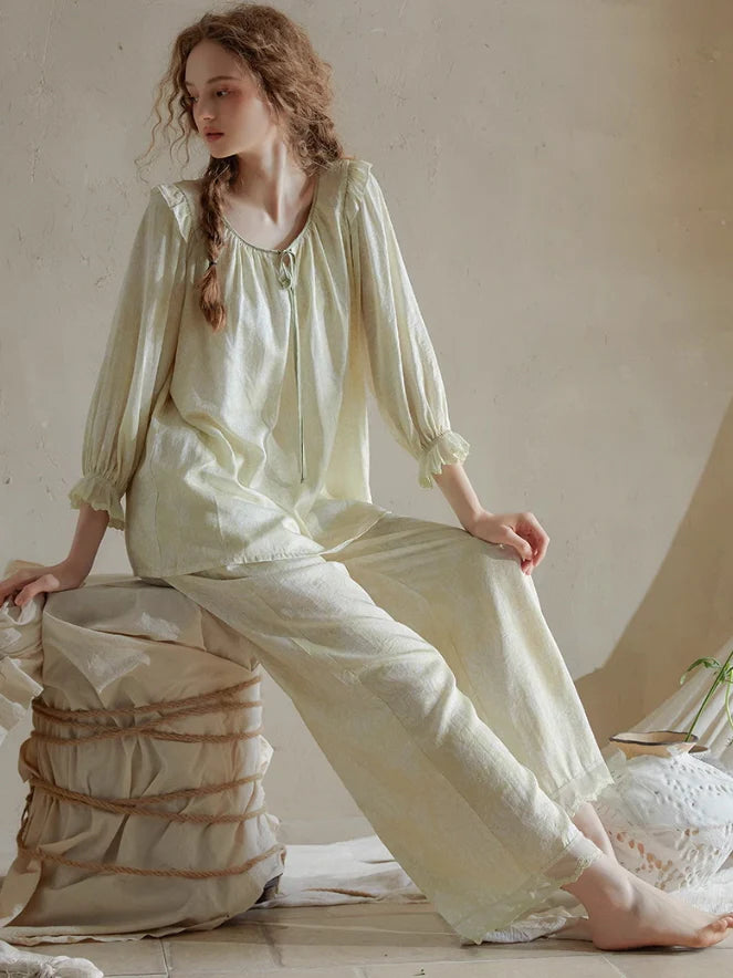 Vintage Ruffled Lace Trim Pajama Set