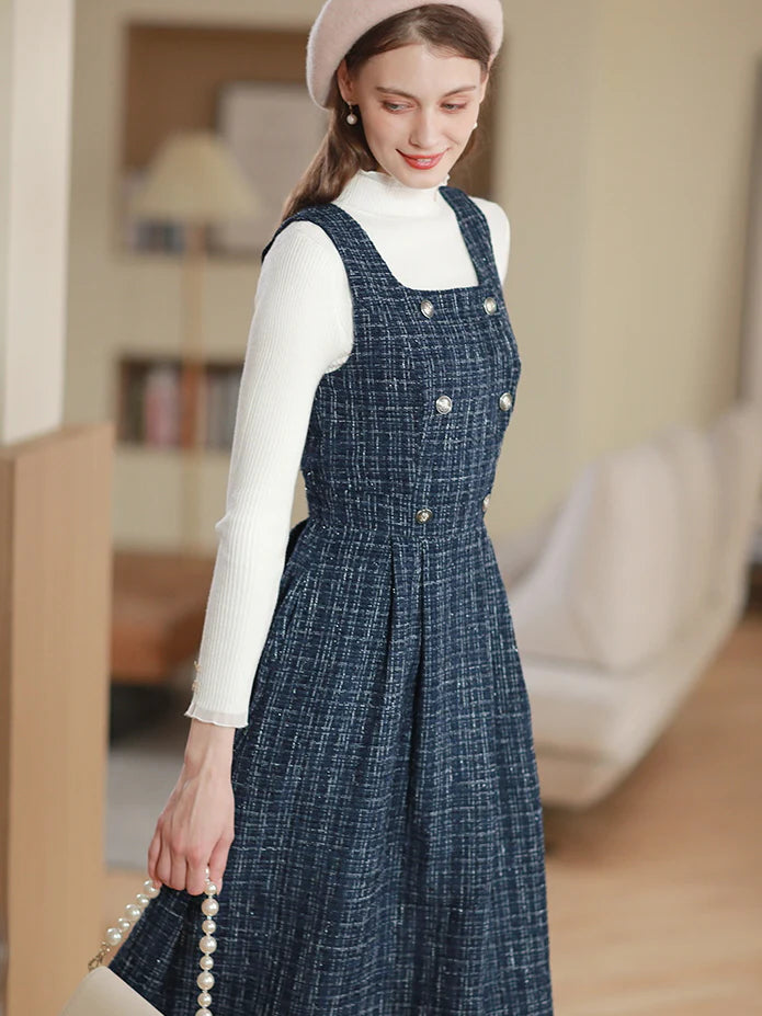 Navy Tweed Double-Breasted Dress