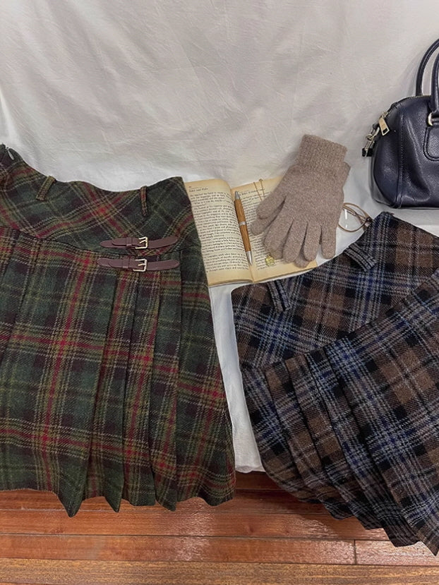 Vintage Wool Plaid Buckle Green Checkered Skirt