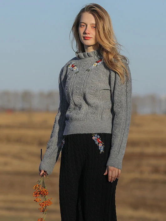 Soft Gray Floral Embroidered Sweater