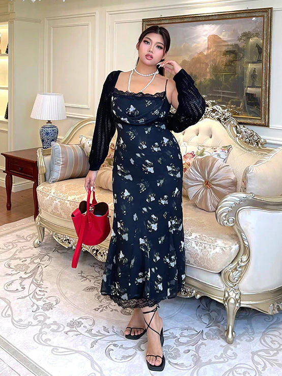 Midnight Bloom Lace Trim Floral Dress