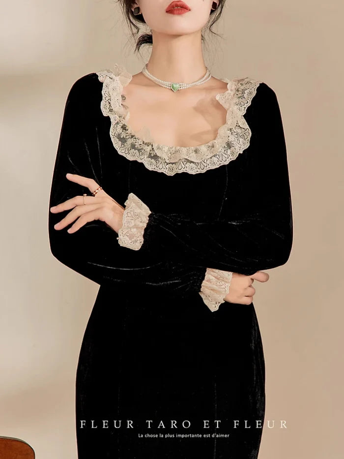 Vintage Noir Velvet Lace Dress