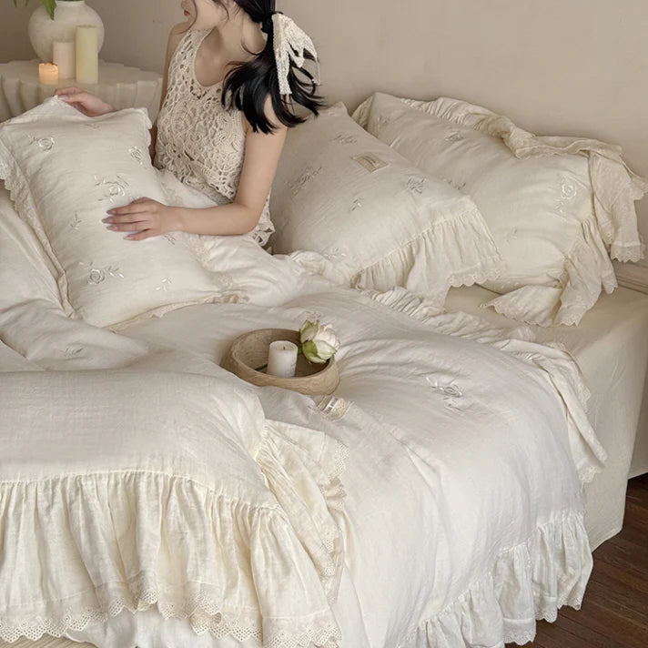 Blush Cream Ruffle Lace Bedding Set