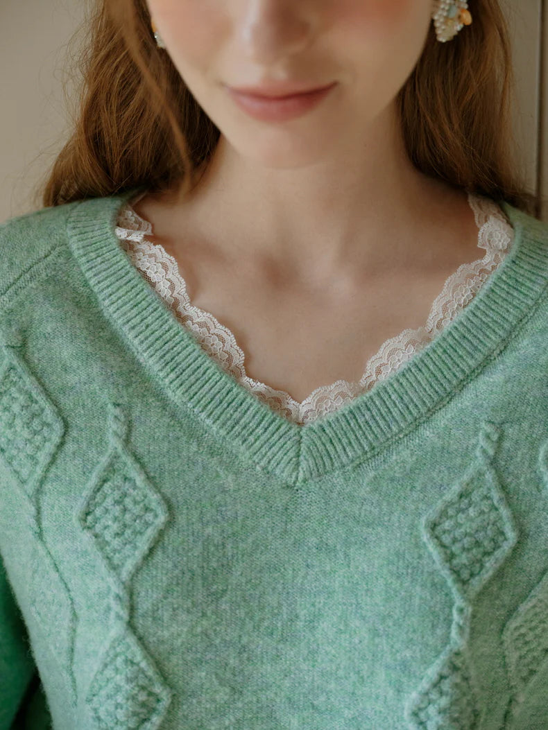 Pastel Lace-Trim Knit Sweater & Scarf