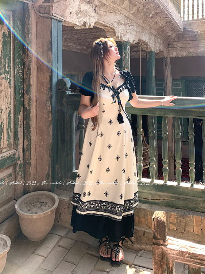 Black Tassel Embroidery Layered Dress