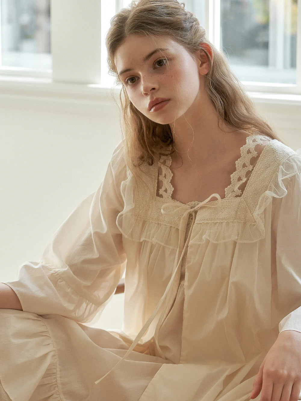 Lace Collar Cotton Lounge Gown