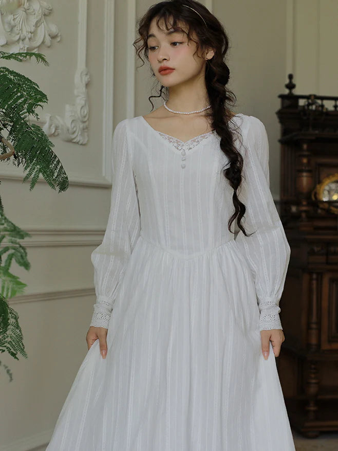 Victorian Elegance Long White Lace Dress