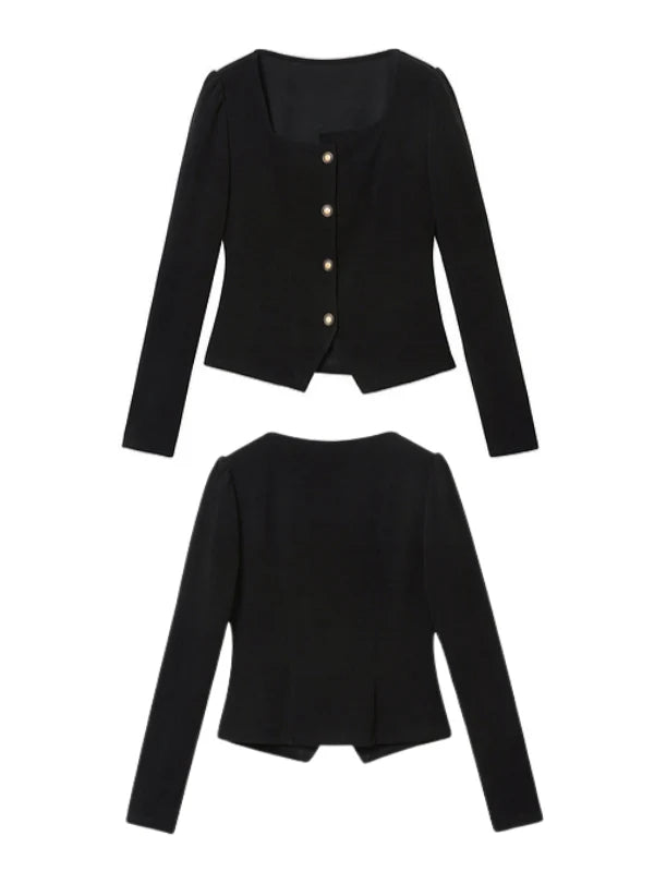 Elegant Black Square-Neck Knit Blazer