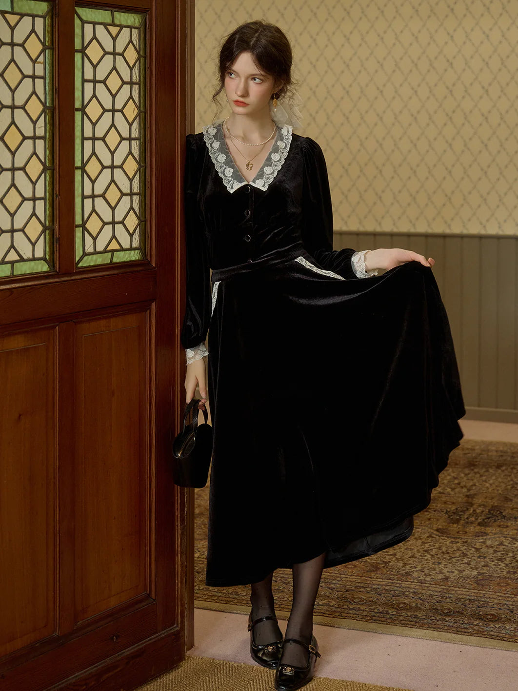 Midnight Velvet Lace-Trim Skirt