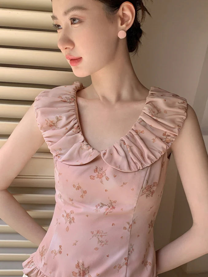 Rose Petal Ruffle Collar Floral Blouse