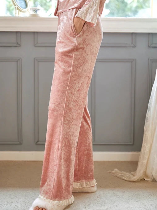 Blush Velvet Lace-Trim Pajama Set