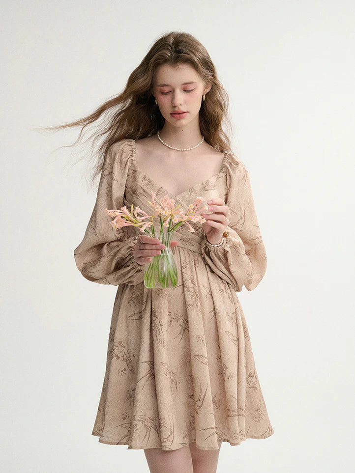 Vintage Botanical Puff-Sleeve Dress