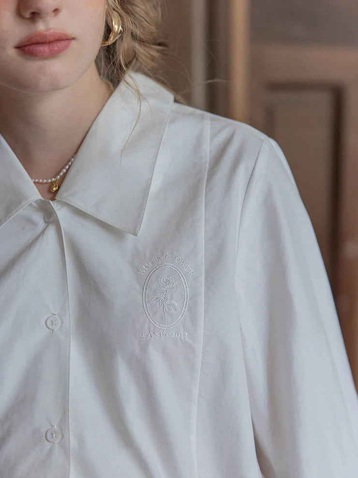 White Flower Embroidered Classic Blouse