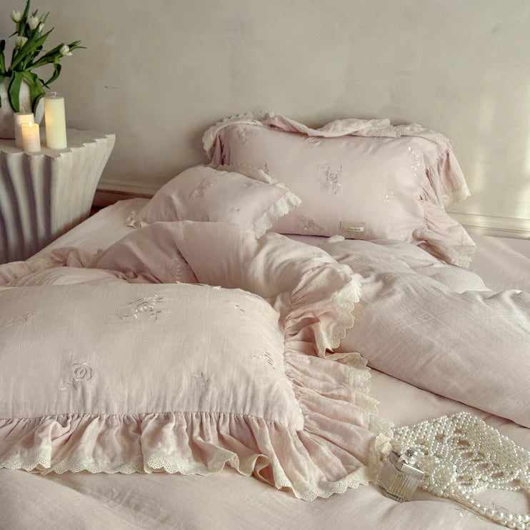 Pink Rose Embroidered Ruffle Bedding Set