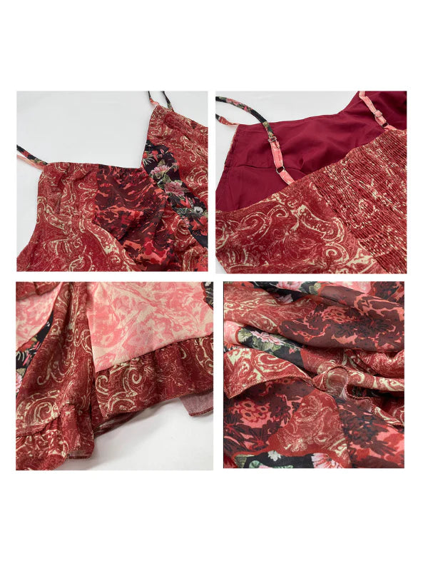 Rosy Patchwork Ruffle Maxi Dress