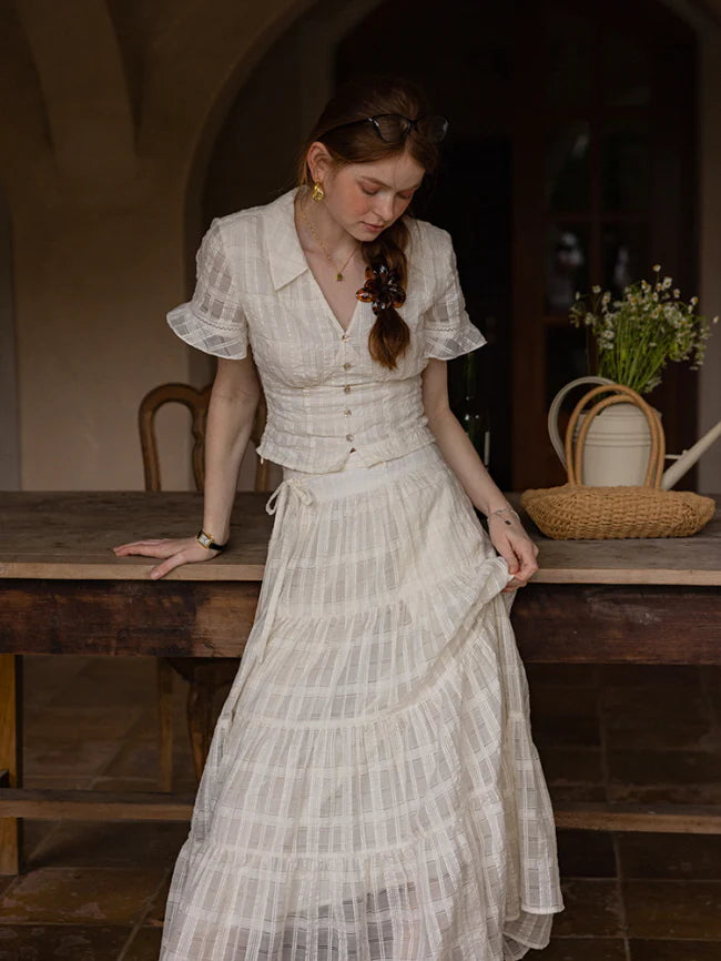 Vintage Textured Cotton Blouse & Skirt