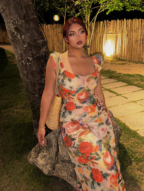 Tropical Sunset Watercolor Floral Dress