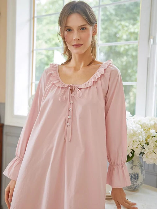 Blush Pink Ruffle-Trim Modal Cotton Nightgown