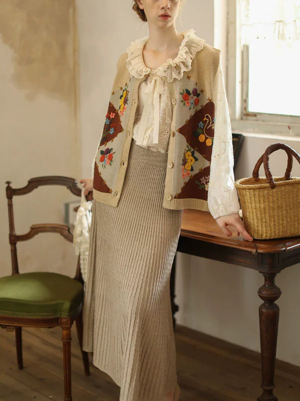 Simple Beige Pleated Wool Skirt