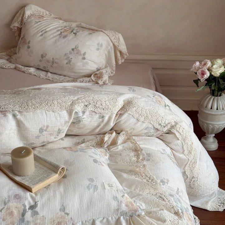 Vintage Rose Lace Trim Bedding Set