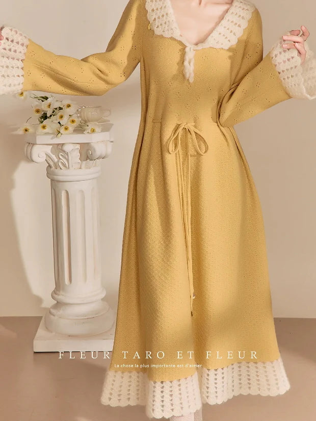 Golden Daydream Crochet Trim Knit Dress