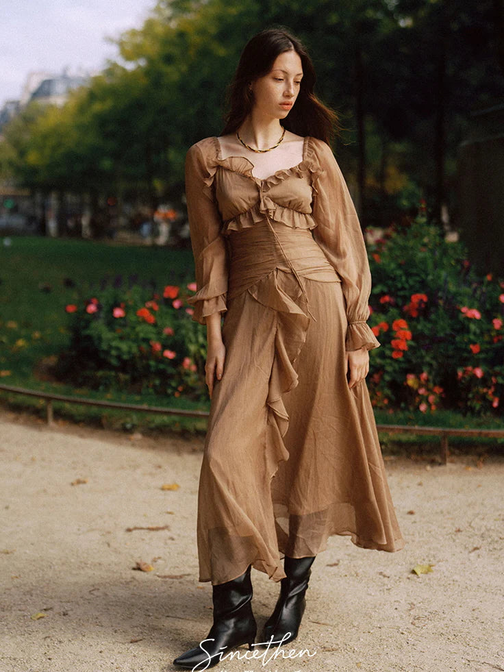 Mocha Ruffle Dream Long Dress